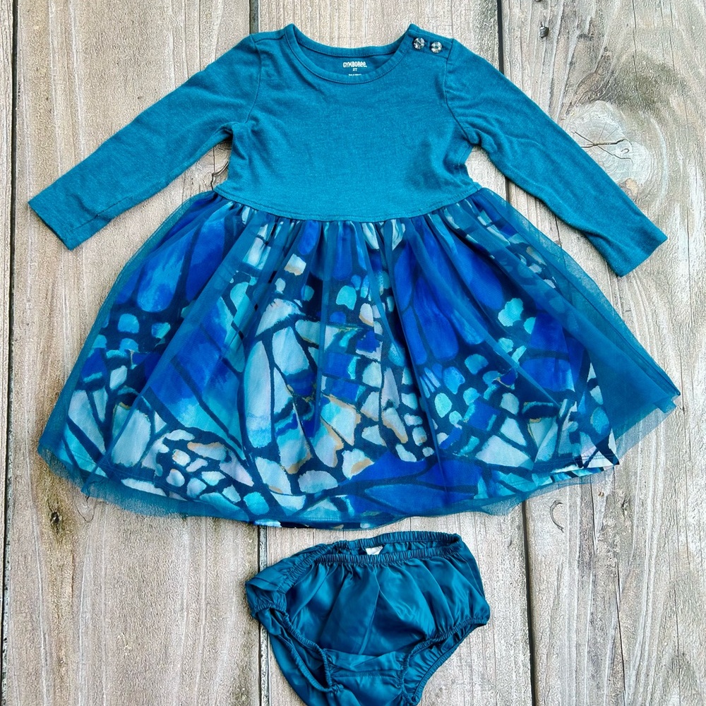 Gymboree size 2T Girls Teal Blue Peplum Style Tulle Long Sleeve Dress, like new